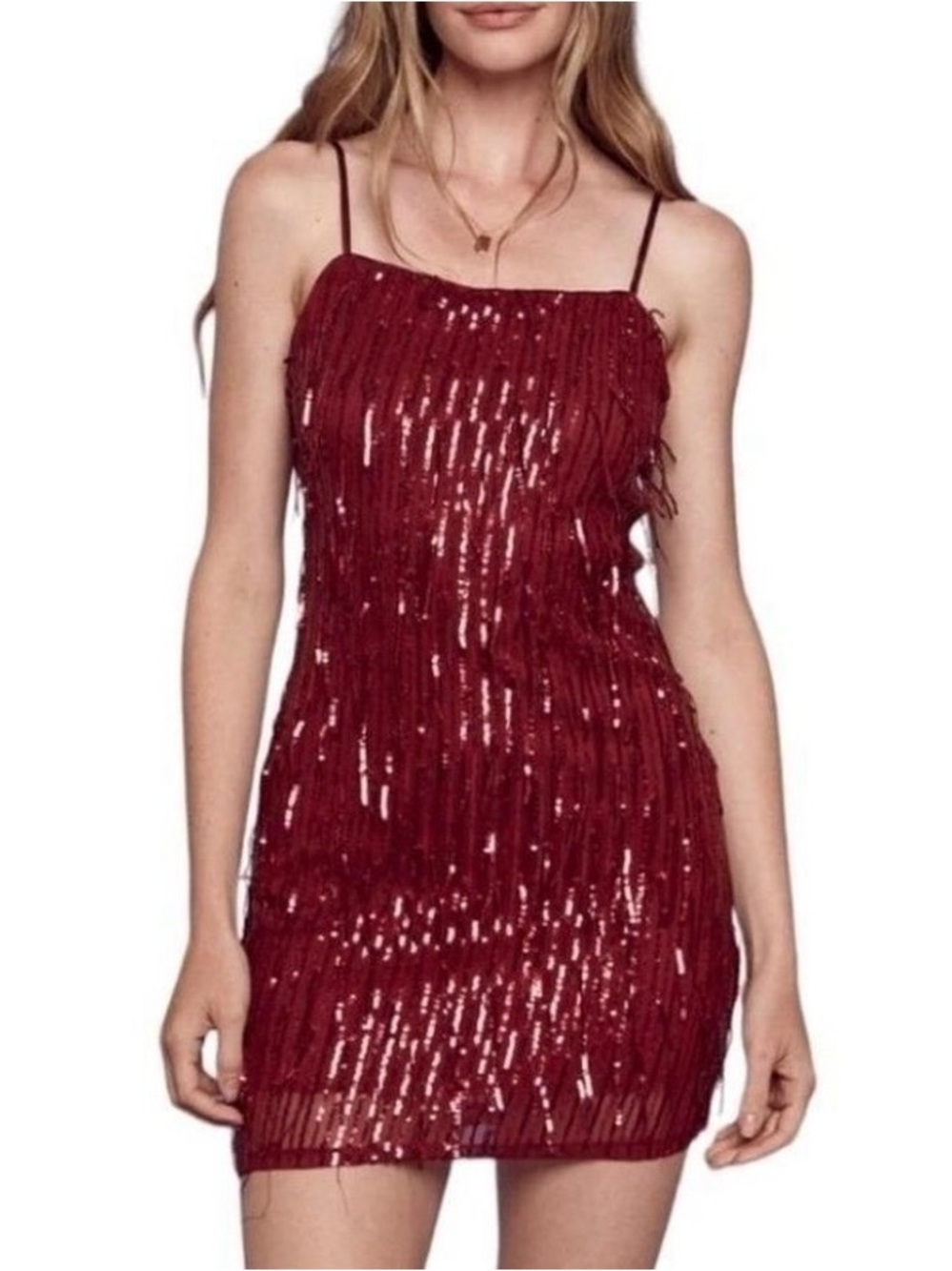 Trixxi Holiday Glam Sequined Fringe Red Spaghetti-Strap Mini Dress Size M NWOT